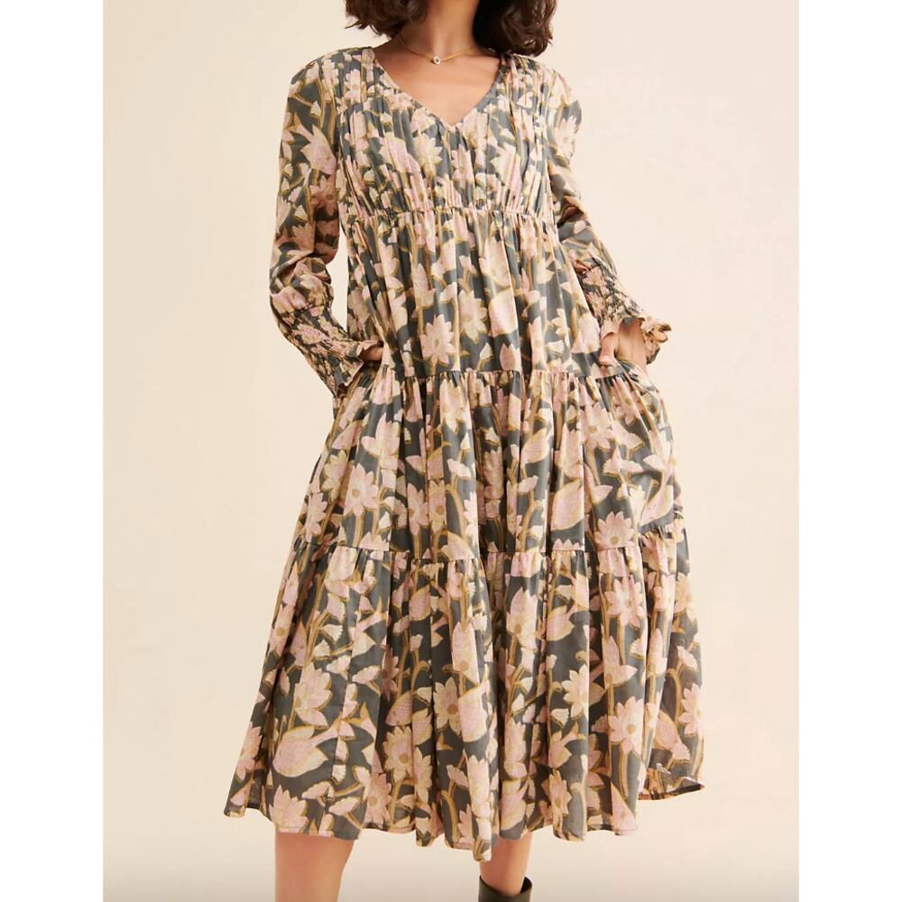 Anthropologie Let Me Be Waistless Floral Dress Midi Long Sleeve Grey Pink XS